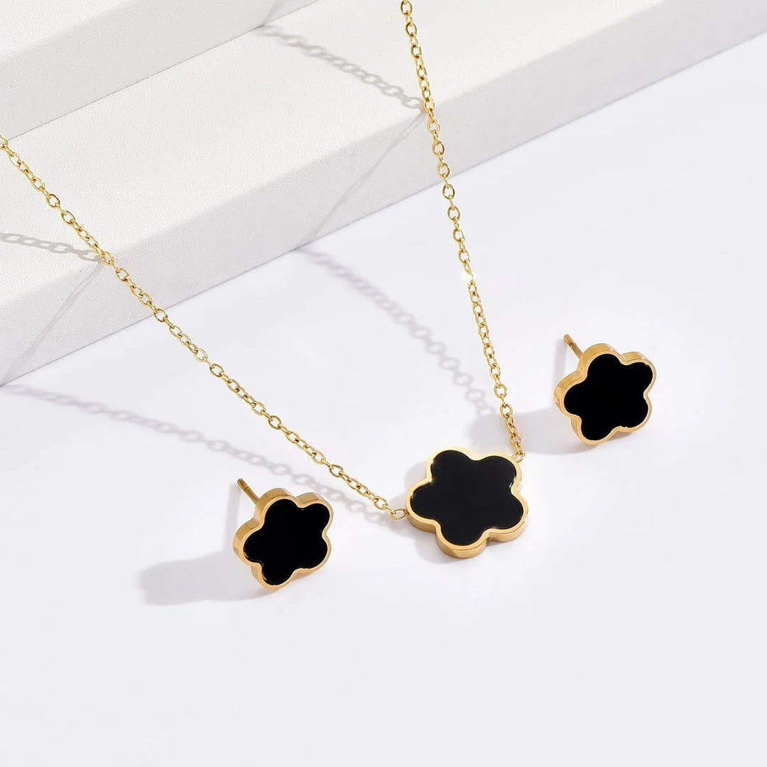 Gold Plated Five Leaf Clover Jewelry Set - Necklace, Rings & Dangle Earrings Lucky Flower Gift